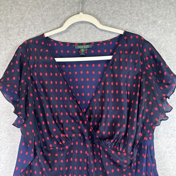 Ralph Lauren Womens Plus 2X Polka Dot Blouse Top Shirt Sleeveless Blue Red Sheer - Picture 3 of 10